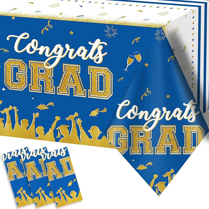 chiazllta Set of 3 Graduation Tablecloths Class of 2026 Congrats Grad Blue Graduation Party Tablecover Decorations Party Supplies Large Size Plastic 54"x108"(Blue & Gold)