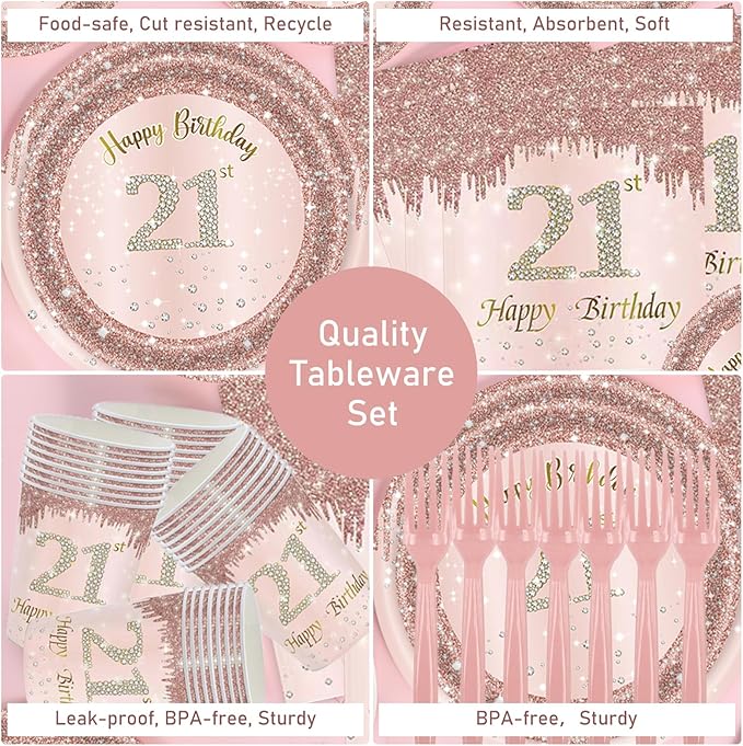 121Pcs 21st Birthday Party Supplies Plates Napkins Cups Forks Tablecloth Rose Gold Happy 21st Birthday Themed Disposable Tableware Decorations Serves 24 Guests for Women Her 21 Years