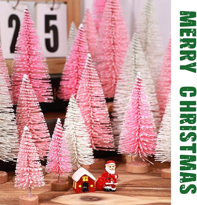 30Pcs Mini Christmas Trees Artificial Christmas Tree Bottle Brush Trees with Wooden Base for Christmas Decor Christmas Party Home Table Craft Decorations(Pink+White)