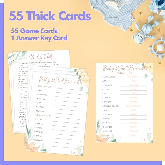55PCS Baby Shower Games, Word Scramble & Trivia Facts with Answer Keys Double-sided Game Card Fun Baby Shower Party Games Gender Neutral for Girls or Boys