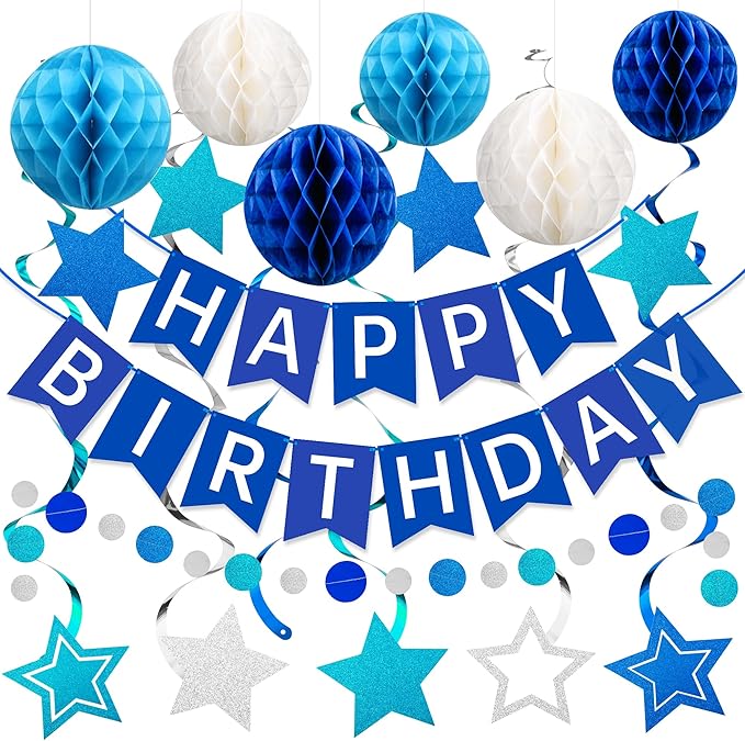 Happy Birthday Decorations Happy Banner with Honeycomb Balls, Swirls Set Happy Decorations Sign for Men Women Boys Girls Birthday Party Supplies Kit for Indoor Outdoor