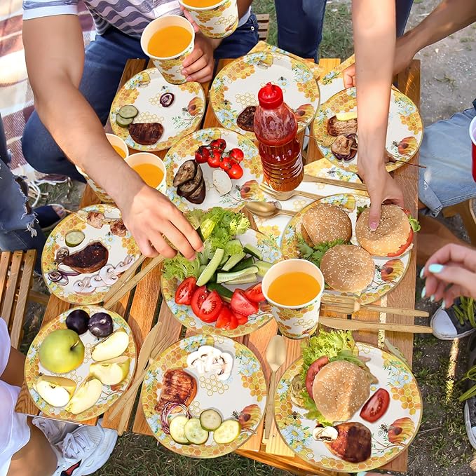 Pickmesh 250 Pcs Bee Party Disposable Tableware Set Paper Plates and Napkins Cups Supplies Tea Party Theme Dinner Dinnerware for Birthday Bridal Baby Shower wedding Decoration Serves 50