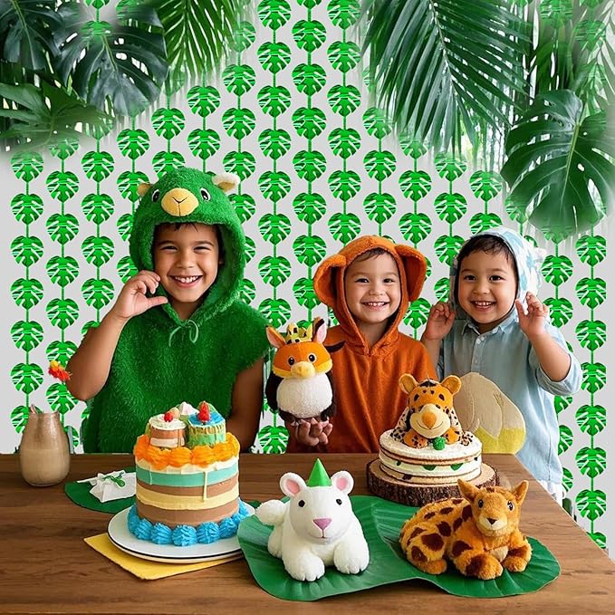 2 Packs Jungle Leaf Foil Fringe Curtain, Green Glitter Tropical Palm Leaves Metallic Tinsel Backdrop for Safari Birthday, Baby Shower, Hawaiian Aloha Luau Party Decorations Supplies