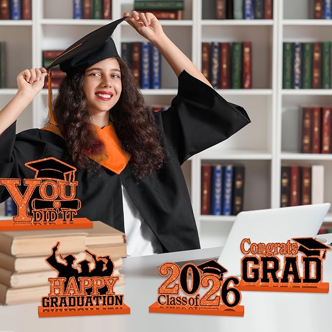 4Pcs Graduation Decorations Class of 2026 Wood Table Centerpieces Congrats Grad Wooden Sign Graduation Table Toppers Congratulate Tiered Tray Decor for 2026 Graduation Party (Orange-Black)