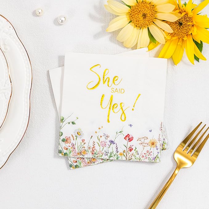 Crisky 3-Ply Engagement Napkins Floral Gold Foil She Said Yes Paper Disposable Napkins for Bachelorette/Engagement/Bridal Shower Party Decoration, 50 Counts