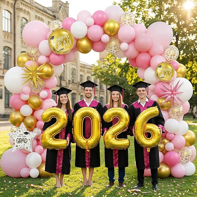 Pink White Gold Balloon Arch Kit, Graduation Balloons Garland, 2026 Graduation Decorations Pink Gold and White Balloons with Foil Star Balloon for Class of 2026 ollege High School Party Decor