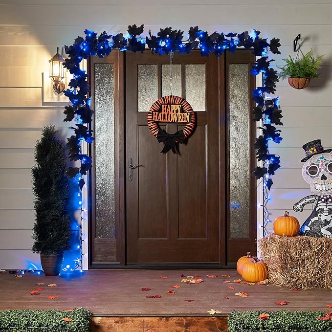 Halloween Garland Decor Indoor Table Decorations Fall Wall Hanging Artificial Black Maple Leaf Vine Decorations for Home (2 Pcs Blue Light, Set with Light)