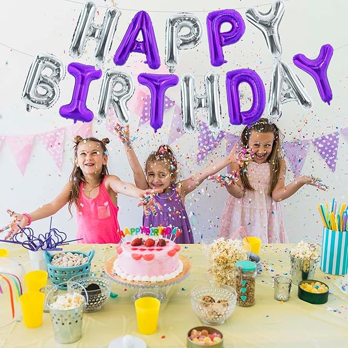 TONIFUL Happy Birthday Balloons with Ribbon Straw, 16 Inch Mylar Letters Balloons Sign Banner Bunting Reusable for Girls Boys Kids & Adults Party Decorations Supplies（Purple Silver）
