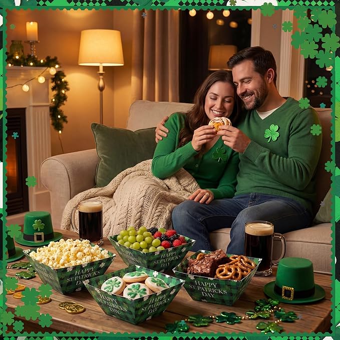 Marspark 24 Pcs St. Patricks Day Popcorn Boxes Paper St. Patrick's Food Trays Green Shamrock Snack Serving Trays Decorations Irish Disposable Paper Platters for Cookie Holiday Party Supplies Family