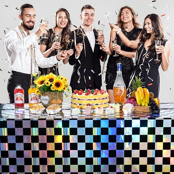 3Pack Black and Iridescent Checkered Plastic Tablecloth, Shiny Disposable Laser Rectangle Table Covers, Holographic Foil Tablecloth Iridescent Party Decorations for Picnic Camping Race Car, 54x108Inch