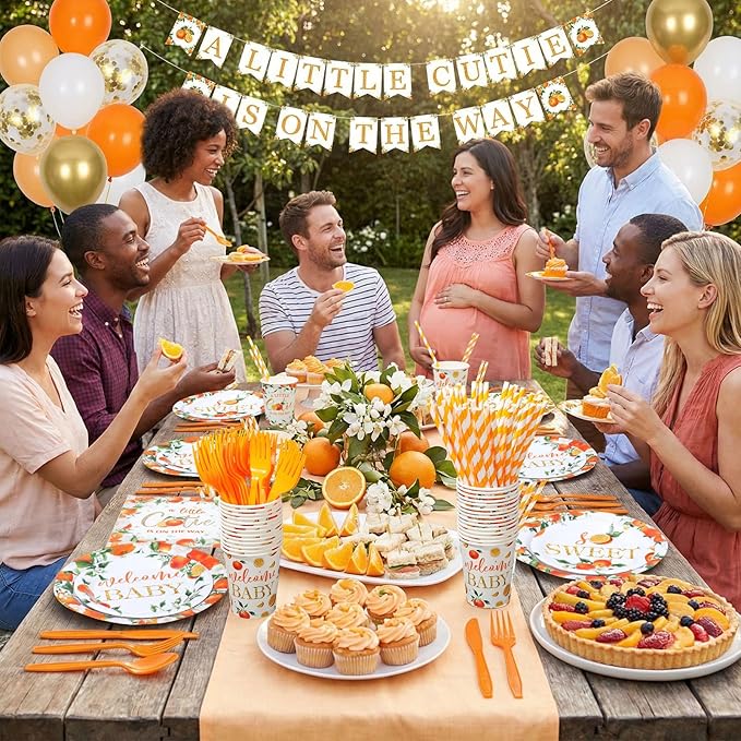 450 Pcs Little Cutie Baby Shower Tableware Set Decorations A Little Cutie is on the Way Paper Plates Disposable Napkins Cups Cutlery Straws for Orange Fruit Birthday Party Supplies, Serves 50