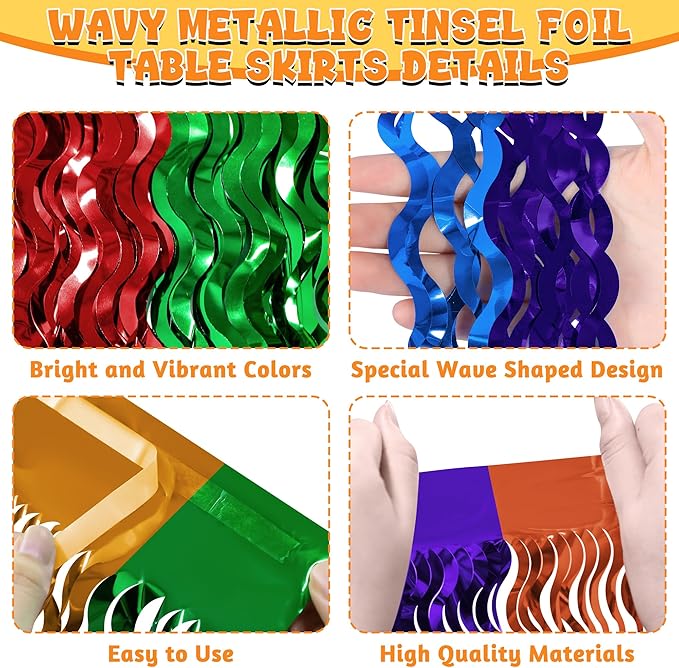 Cinco De Mayo Table Decorations, 2 Pack Fiesta Desk Skirts Supplies, Mexican Theme Metallic Wavy Tinsel Foil Fringe Table Skirts, Rainbow Skirts for Dia De Los Muertos Day Mexico Day of The Dead Decor