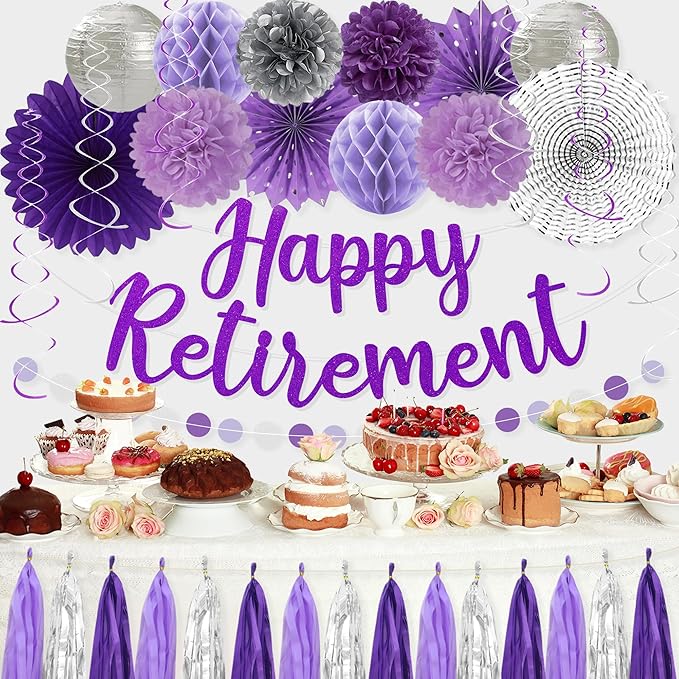 Roetyce Retirement Party Decorations Women, Purlpe Glitter Happy Retirement Banner Paper Fans Pompoms Kit, Office Retired Party Supplies for Coworker Friends, Funny Legend Has Retired Photo Backdrop
