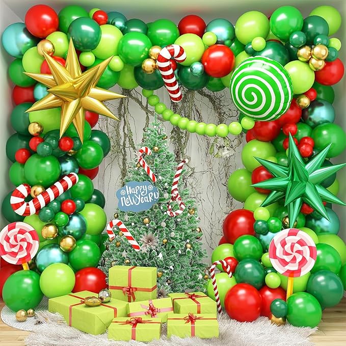 Christmas Balloon Garland Kit 143 Pcs Lime Green Dark Green Red Gold Balloons Arch with Candy Canes Foil Balloon Explosion Star Balloons for Xmas Ugly Sweater Friendsmas Birthday Party Decor