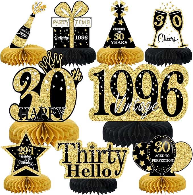 9 Pcs 30th Birthday Decorations Honeycomb Centerpieces for Women Men, Black Gold 1996 Aged to Perfection Vintage Centerpieces for Tables Toppers,Thirty Years Party Decorations Supplies