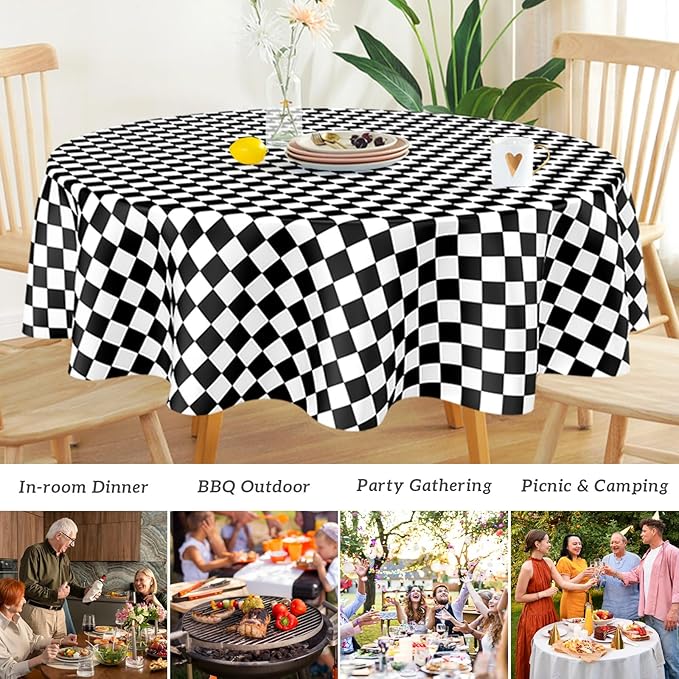 Mulbozy 2 Pcs Checkered Round Tablecloth, 84 inches Disposable Plastic Black and White Gingham Circle Table Covers for Baby Shower Two Fast, Race Car Birthday Party Decorations