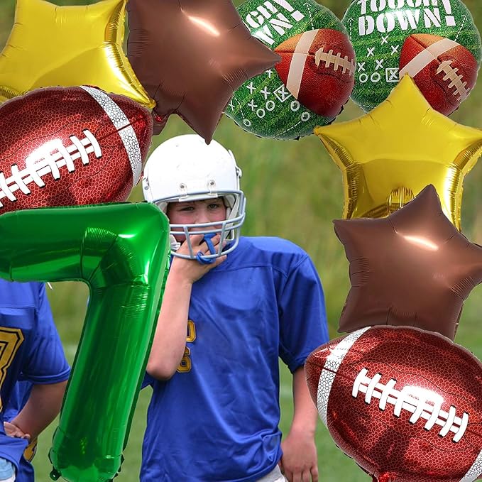 Football Balloons Foil Football Birthday Decorations Balloons Green Number 7 Balloon Gold Brown Star Touchdown Ballons for Rugby Birthday Decorations Sports Ballons Arch Kits Party Balloon Sets 9pcs
