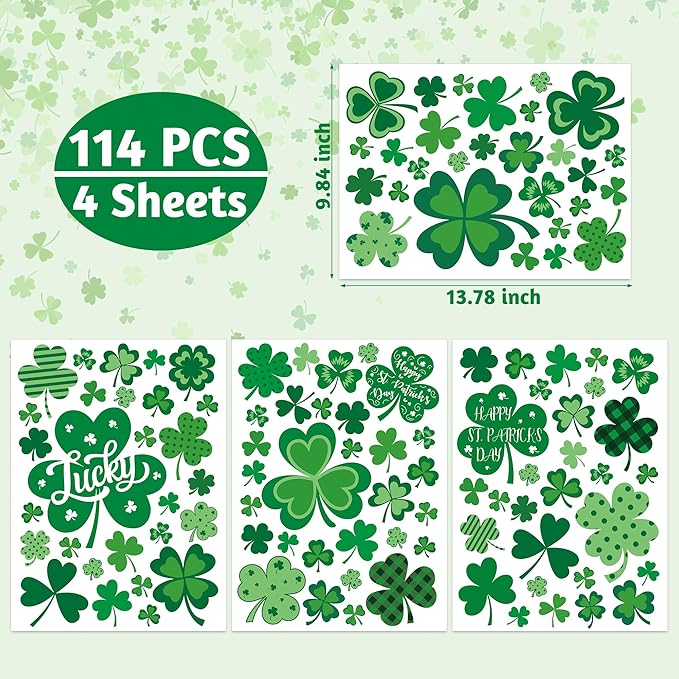 120 PCS St Patricks Day Decorations, 4 Sheets St Patricks Day Window Clings with Polka Dots Stripes Plaid Patterns, Double-Sided Green Party Decorations, Shamrock Window Clings for Home Decor