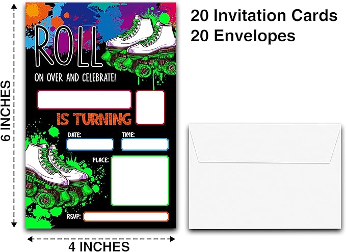 DETIHO 4" x 6" Glow Roller Skating Birthday Party Invitation Cards With Envelopes - Roll On Over And Celebrate - Neon Glow in the Dark Skate Party Invitation - 20 Sets - E20