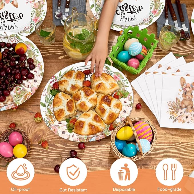 50Pcs Easter Paper Plates and Napkins Set Serve 25 Guests 10" x 12.5" Large Oval Plates and 6.5'' Napkins, Disposable Heavy Duty Easter Tableware Set Plate Bunny Egg Dinnerware Party Supplies