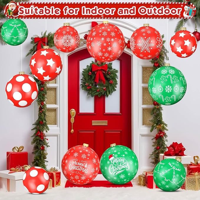 12 Pack Giant Inflatable Christmas Ornaments for Outdoor Decoration, Big Christmas Balls for Front Door Yard Tree Hanging (9 Inch, 12 Inch, 16 Inch)