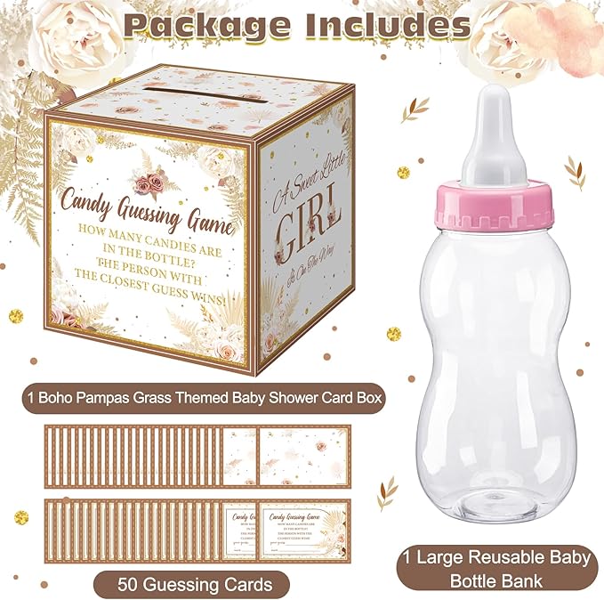 Glenmal 52 Pcs Baby Shower Games Gift Sets Large Baby Bottle for Shower Game Guess How Many Candies Decorations for Gender Reveal(Boho Pampas Grass)