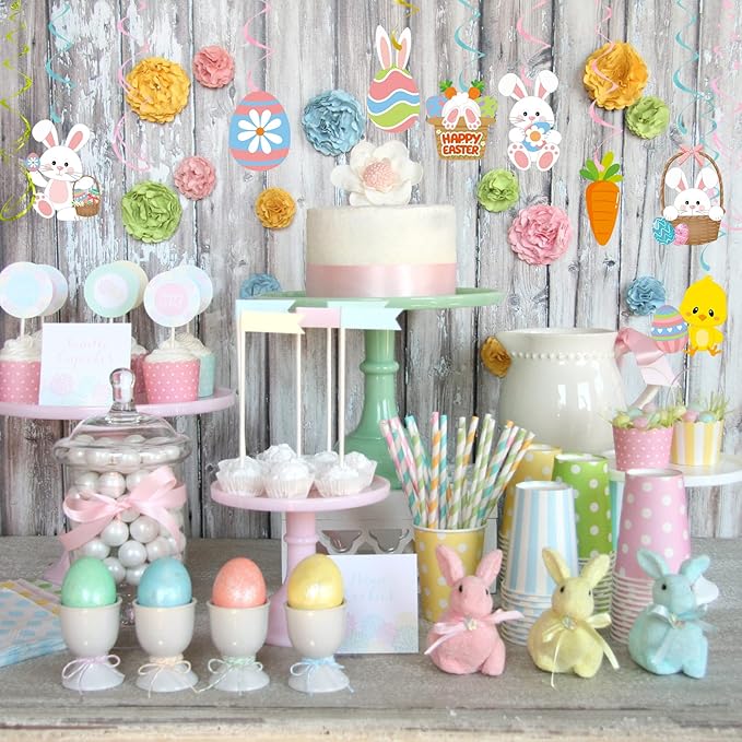 Easter Party Decorations Egg-Bunny Swirl Banner - 16pcs Easter Birthday Party Favors Supplies Gifts Hanging Decoration Streamers School Office Indoor Decor Panduola