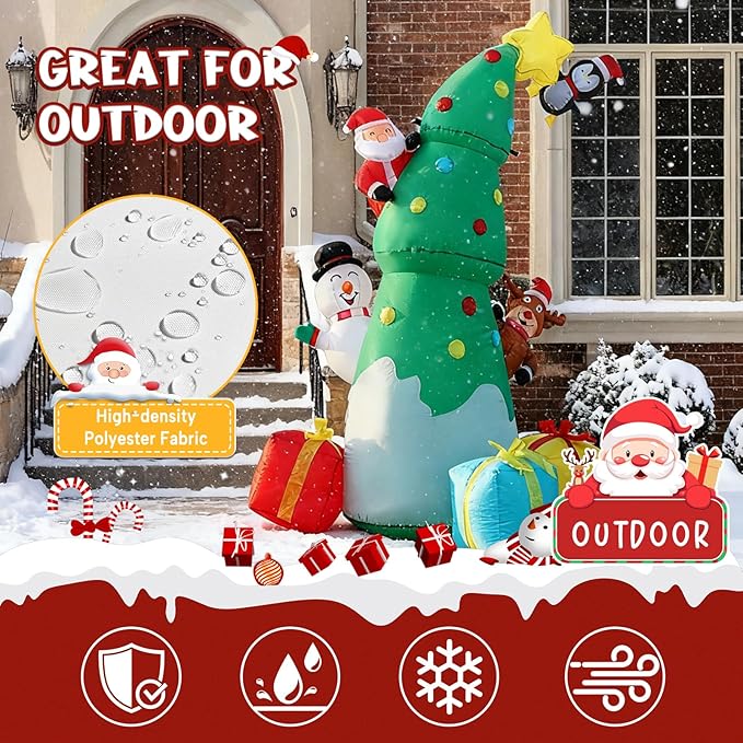 JOYHALO 7FT Inflatable Christmas Tree with Santa Snowman Penguin Reindeer Gift Box, Christmas Inflatables Outdoor Decorations with Bright LED Lights, Christmas Blow Up for Indoor, Lawn, Party Decor