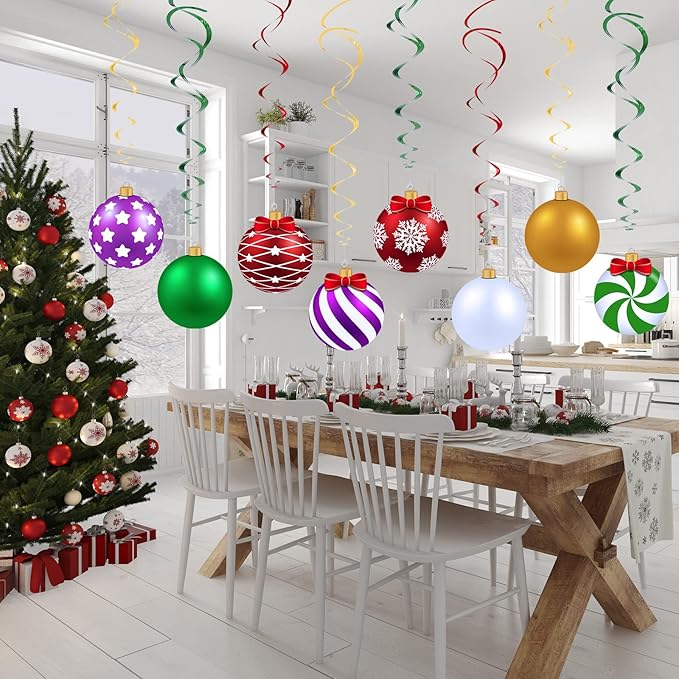 Skylety 36 Pcs Christmas Hanging Foil Swirl Decorations Party Ceiling Foil Swirl Decorations Christmas Ball Sign Snowflake for Ceiling Indoor Outdoor Holiday Party Supplies(Cute Style)