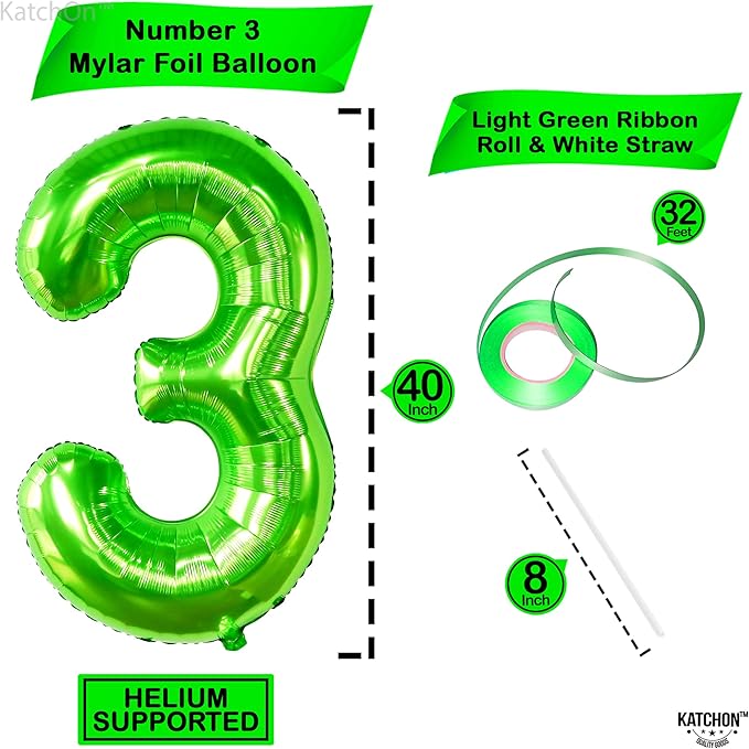 KatchOn, Light Green Number 3 Balloon - 40 Inch | Green 3 Balloon Number for Three Rex Birthday Decorations Boy | 3rd Anniversary Decorations | Green Party Decoration