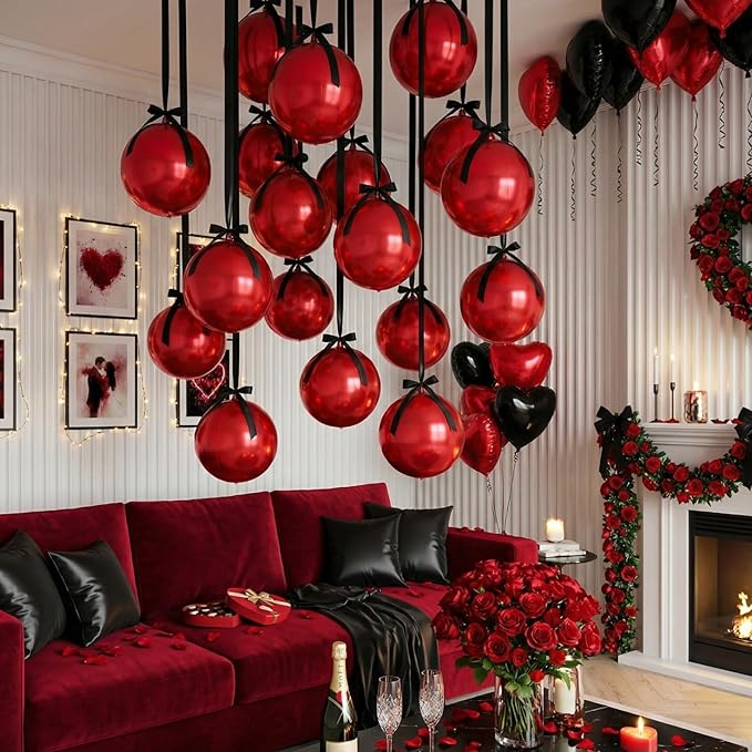 20 Pcs Metallic Red Foil Balloons Giant 22 Inch 4d Round Metallic Red Balloons with Black Ribbon for Birthday New Year Anniversary Tea Party Decorations