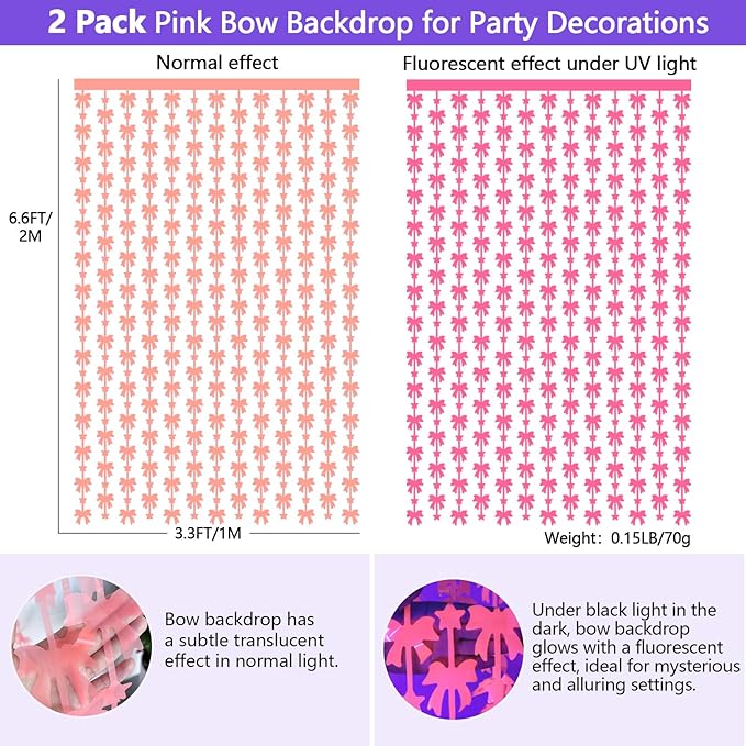 Pink Bow Birthday Decorations 2 Pack, 3.3x6.6ft Bow Backdrop Glow in The Dark Party Supplies, Pink Tinsel Backdrop Door Streamers Themed Party Decor, Foil Fringe Curtains for Baby Shower Halloween