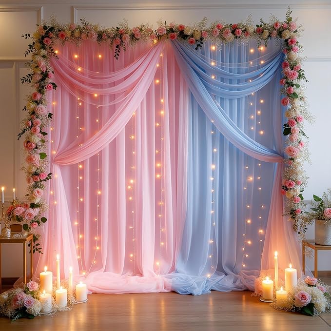 Pink Blue Sheer Backdrop Curtains with Lights String for Baby Shower Decor 10×8FT Backdrop Curtain for Parties Boy or Girl Birthday Party Wedding Gender Reveal Baby Shower Decoration (2 Panels 4×10ft)