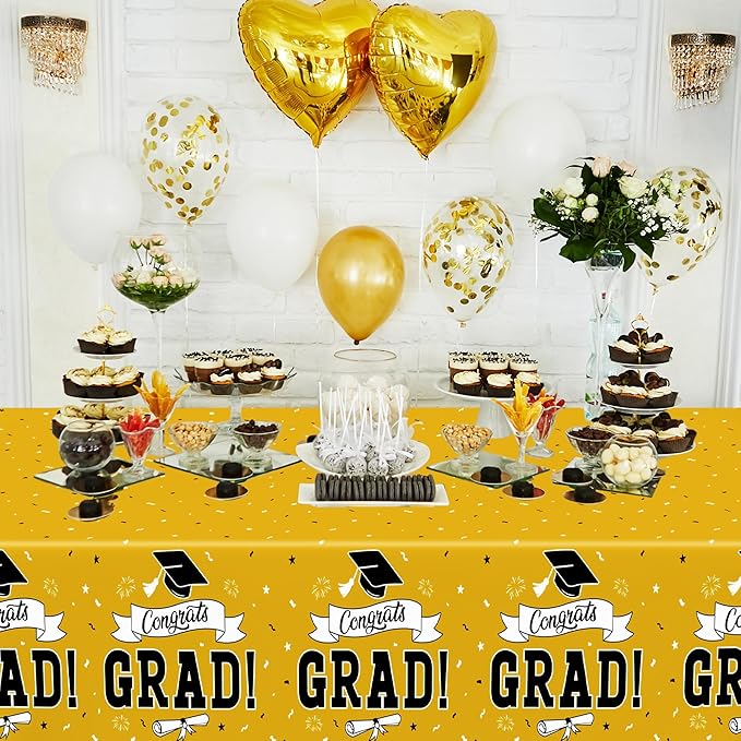 2 PCS 2026 Graduation Table Decorations, 108" X 54" Yellow Plastic Graduation Table cloths, Disposable Tablecover for Class 2026 Congrats Grad, Rectangle TableCloths for Grad Decor Party Supplies