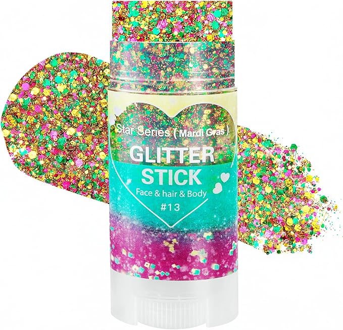 Mysense Mardi Gras Face Hair Body Glitter Stick,Mardi Gras Outfit for Women,Purple Green Gold Glitter Makeup,Festival Party Rave Accessories Sparkling Chunky Glitter
