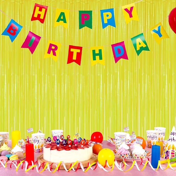 2 Pack Foil Fringe Backdrop - Fluorescent Yellow Shiny Tinsel Curtains for Party Decoration/Photo Booth Props - 3.3x6.6 FT Metallic Foil Backdrop for Birthday, Wedding, Graduation, Christmas