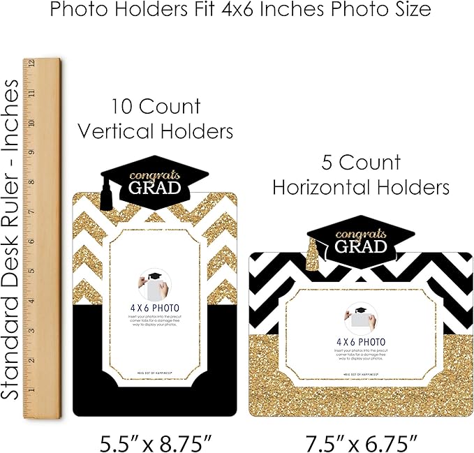 Graduation Photo Display Centerpiece Kit - 15 Double-Sided Photo Table Topper Sticks, Vertical and Horizontal 4x6 Picture Holders, DIY Party Decoration Set - Tassel Worth The Hassle- Gold