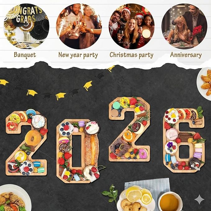 4PCS Wooden Graduation Decorations Number Charcuterie Board Box-(with 14 Balloons) 2026 Charcuterie Numbers Fillable Food Graduation Party Supplies