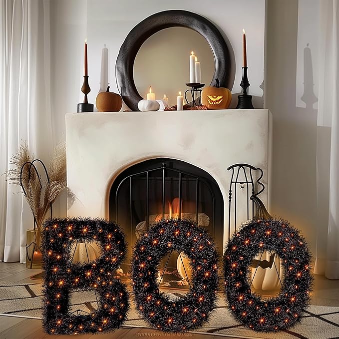 ATDAWN 3 Piece Outdoor Boo Sign Halloween Decoration, Lighted Boo Yard Display Set, Boo Yard Sign for Halloween Indoor Lawn Decor, Black & Orange