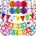 FECEDY Colorful Happy Birthday Banner Paper Triangle Flag Bunting Circle Confetti Dots Hanging Garland And Honeycomb Ball Swirl Streamers for Birthday Baby Shower Party Decoration