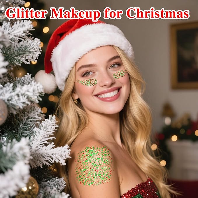 Christmas Hair Glitter Stick,Red and Green Silver Face Body Glitter Makeup,Waterproof Christmas Outfits for Women, Stocking Stuffers Sparkling Party Gift for Girls,Chunky Glitter Makeup