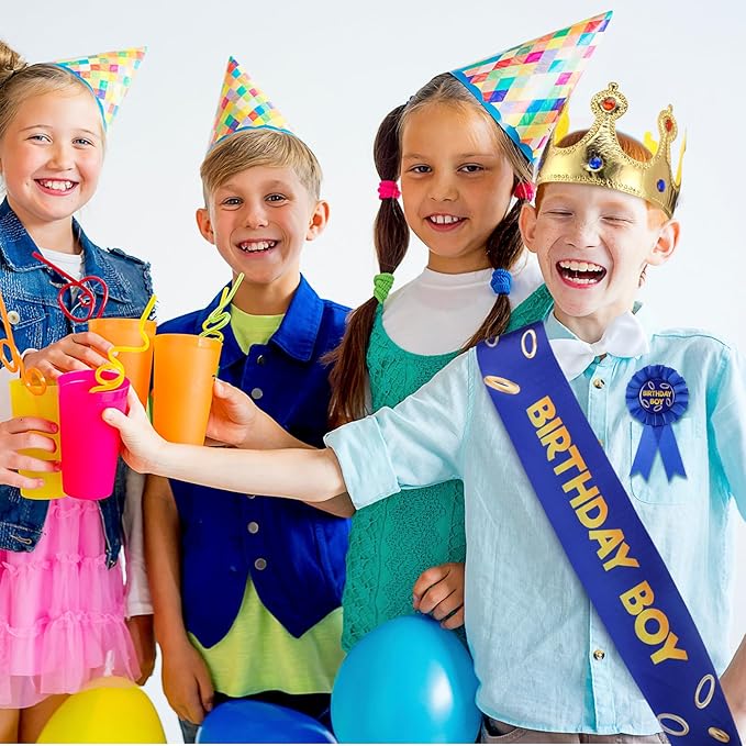 Norme 3 Pcs Blue with Gold Ring Birthday Sash King Crown and Button Pin Blue Golden Rings Cartoon Themed Birthday Party Accessory Set for Party Supplies Favors