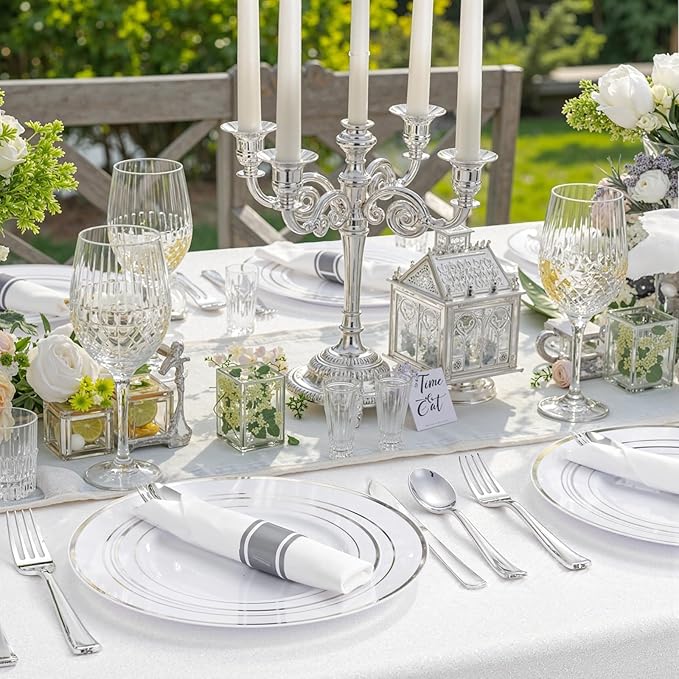 350Piece Silver Plastic Dinnerware Set for 50 Guests - Silver Plastic Plates with Cutlery Include:50Dinner Plates-50Dessert Plates-50Pre Rolled Napkins with Silverware Party Wedding