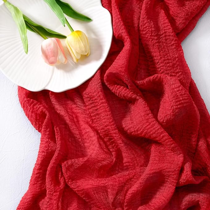 Socomi 3pcs Red Cheesecloth Table Runner Easter Spring Gauze 120 Inch Rustic Boho Cheese Cloth Runner for Wedding Party Baby Bridal Shower Centerpiece Decoration Holiday Home Decorations