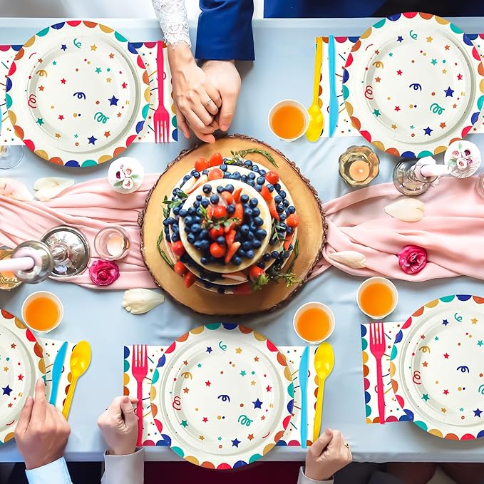 Multicolor Happy Birthday Party Plates Set, 168PCS Ribbons and Dots Stars Paper Plates Napkins Cups and Colorful Cutlery Set, 24 Set Colorful Disposablem Tableware Set for Birthday Party Decorations