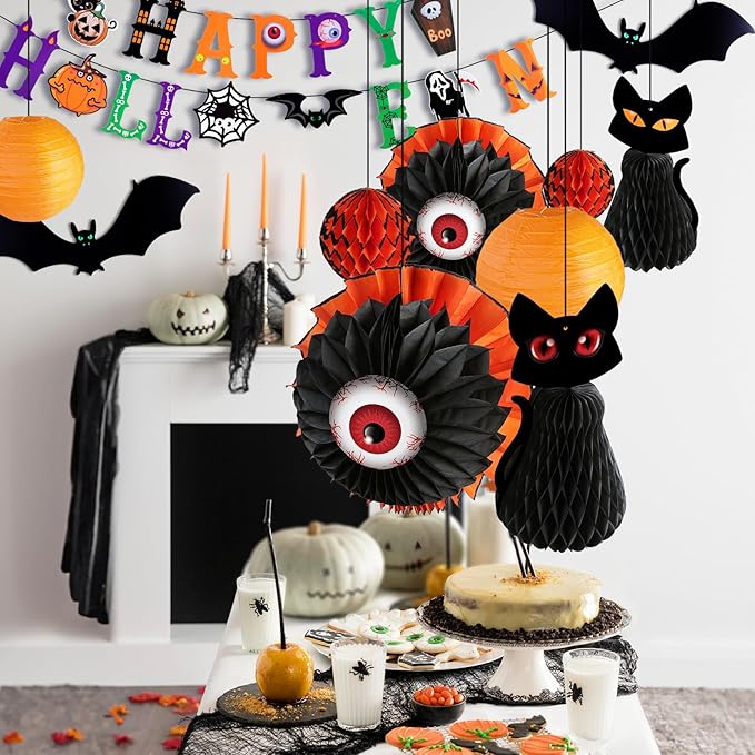 UNIQOOO Halloween Paper Lantern Decorations Set, 11 Pieces with Black Cat, Eyeball, Bat Designs and Banner, Indoor Party Props, 6"-12"