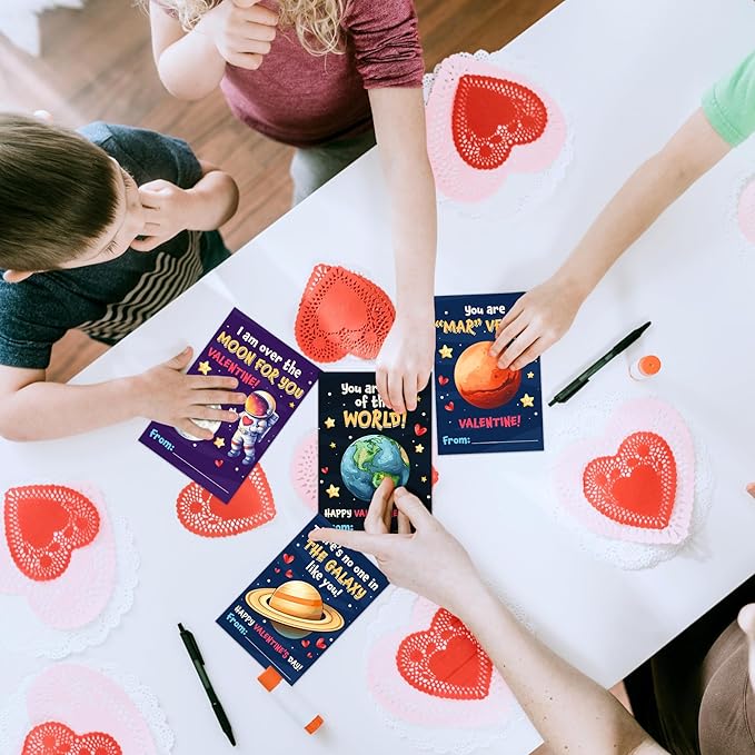 Pawzity 36 Packs Valentines Day Cards for Kids - Valentines Day Gifts for Kids Toddlers Classroom School Party Favors - Universe Planets Rocket Ship Galaxy 3.2''x 4.7'' Exchange & Envelopes, Stickers