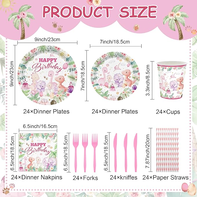 168PCS Dinosaur Party Supllies for Girls Pink Cartoon Dino Birthday Party Decorations Watercolor Dino Plates Cups Napkins Cups Forks Knives and Straws Tableware Set for 24 Guests
