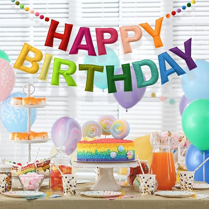 LOLStar Happy Birthday Banner Felt Ball Garland Colorful Dainty Pre-Strung Rainbow Birthday Banner Reusable Happy Birthday Sign Photo Booth Props Primary Color Birthday Party Decoration for Kids Girls