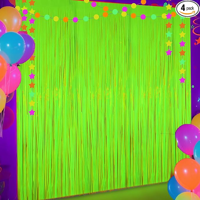 4 Packs Glow in The Dark Foil Fringe Curtain, Macaron Yellow Blacklight Reactive Fluorescent Tinsel Backdrop Neon Luminous Streamers for Birthday, Wedding, Neon Party, Glow Party Decorations Supplies
